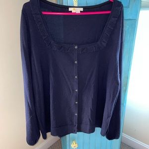 Boden Navy blue cardigan with square and ruffled neckline